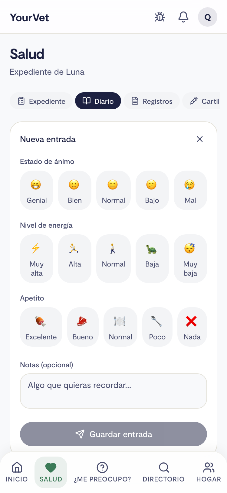 Check-in diario de salud canina en YourVet